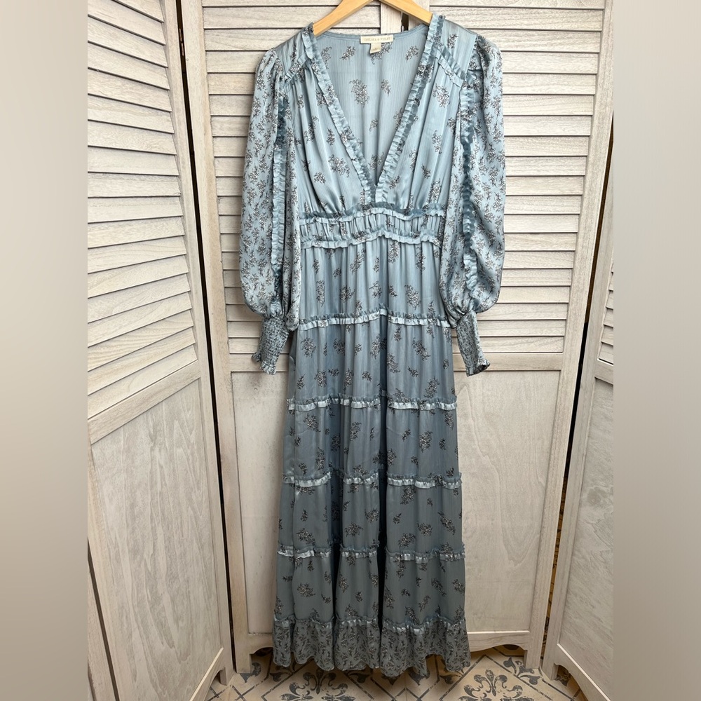 Chelsea & Violet long sleeve maxi dress. Pearly blue w/white floral